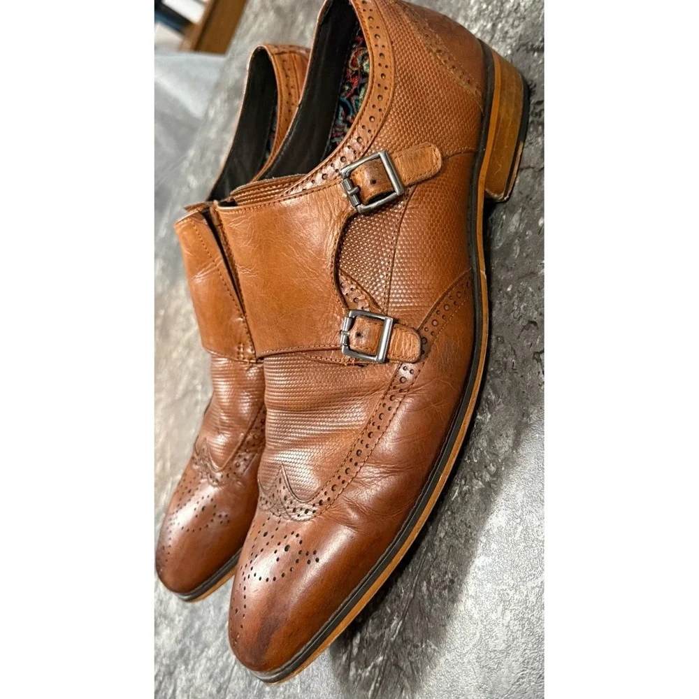 Stacy Adams Mens Lavine Double Monk‎ Strap Wingtip Leather Shoes Chestnut Sz 11M